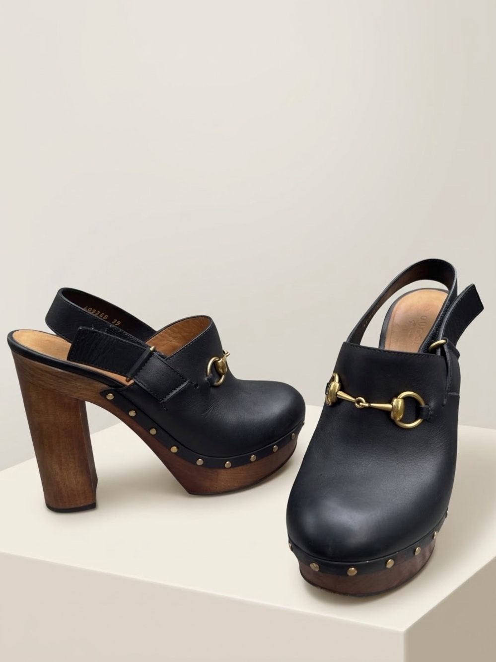 Gucci Black Leather Horsebit Wooden Platform Clogs